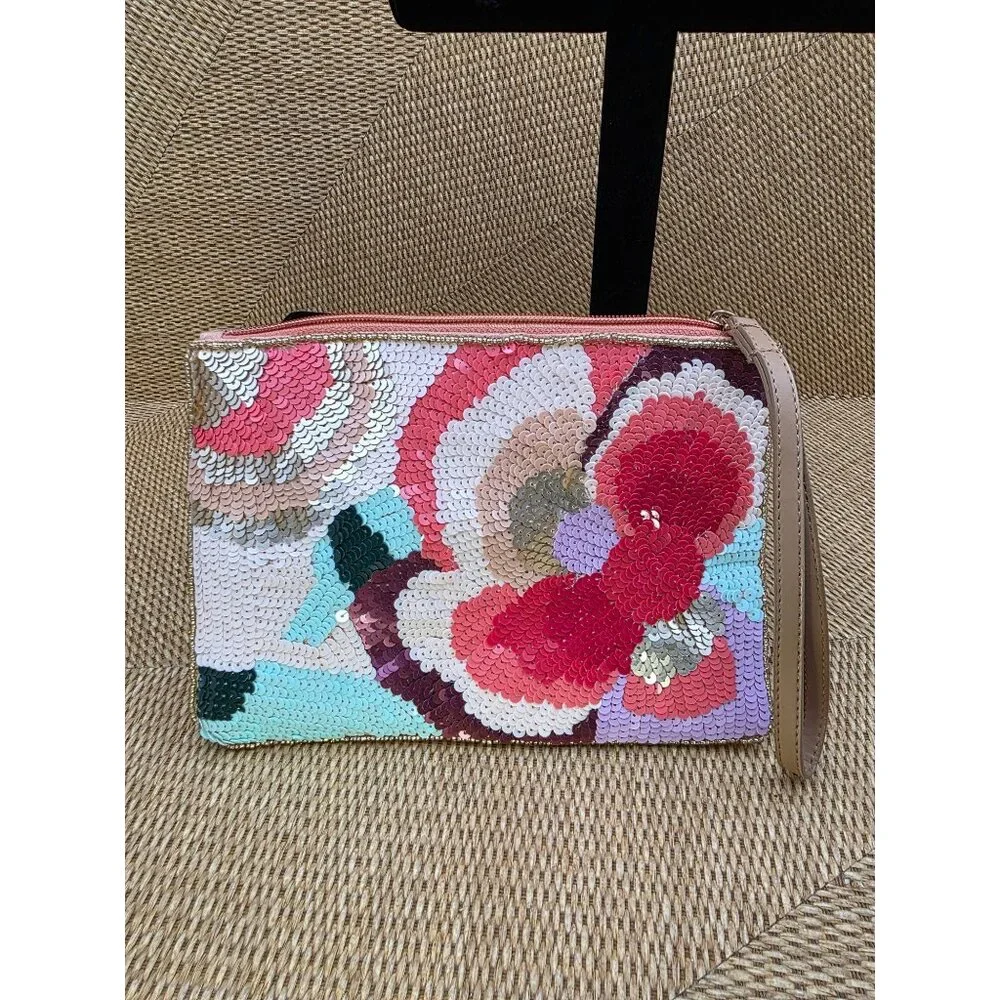 LULU Floral Sequin Clutch Wristlet With Peach Satin Lining & Zipper‎ Closure